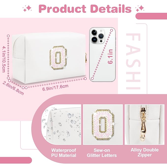 Small Initial Patch Makeup Bag Personalized Gifts Make Up Bag,White Cute PU Leather Glitter Letter Cosmetic Bag with Zipper,Trendy Portable Travel Toiletry Pouch,Preppy Stuff for Teen Girls Women O