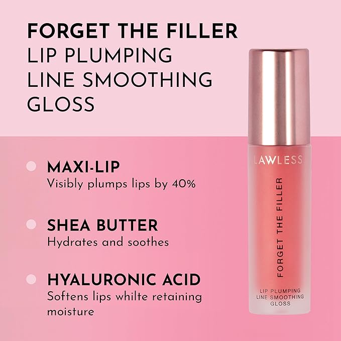 Lawless Forget the Filler Lip Plumping Line Smoothing Gloss - Cherry Vanilla - Premium Volumizing Lip Gloss with Natural Ingredients Designed to Plump, Firm, and Hydrate Lips 0.11 oz