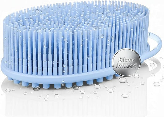 Silver Infused Silicone Body Scrubber Shower - Gentle Back Scrubber Soft Bristles - Avilana Premium Dual Sided Bath Brush Massage - Advanced Material Loofah Alternative - Gift Women Men
