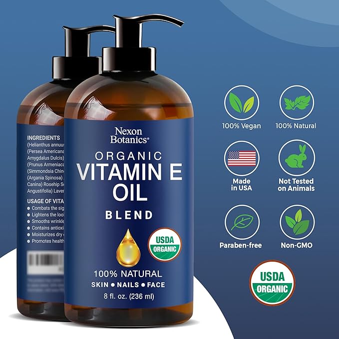 Organic Vitamin E Oil Blend 8 fl oz - Made from Pure, Natural Oils for Skin, Scars & Face - Aceite de Vitamina E - Nexon Botanics