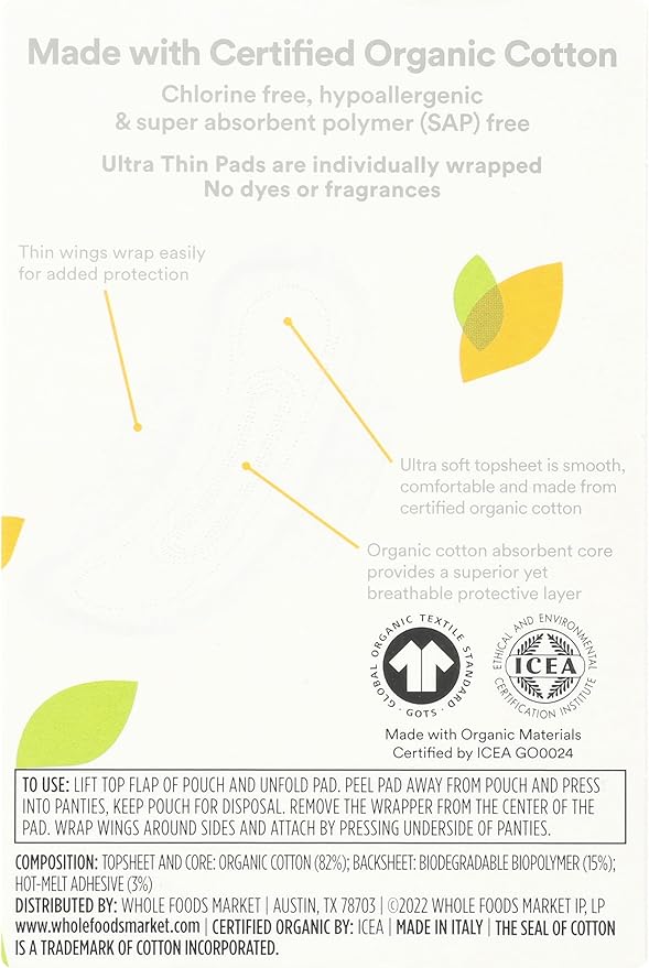 365 by Whole Foods Market, Ultra Thin Pads with Wings, Regular Absorbency, Made with Organic Cotton, 10 Count