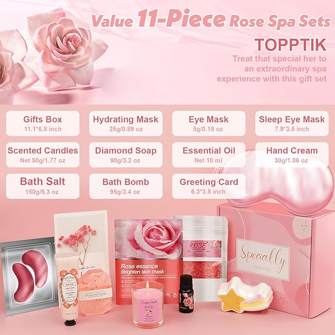 Birthday Gifts Basket for Women, Relaxtion Spa Set, Self Care Boxes for Her, Mother, Friend, Sister, Ideal Gifts for Valentine's and Mother's Day (pink)