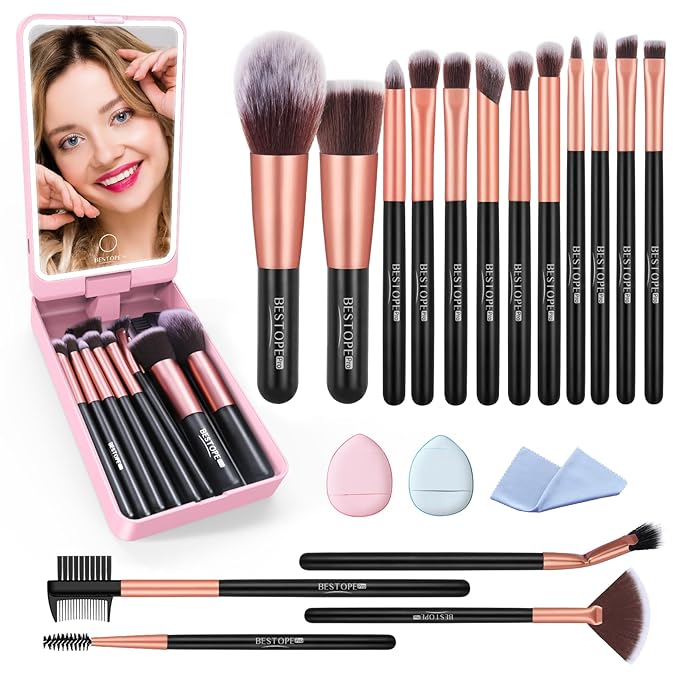 Makeup Brushes with Case, 20PCs Travel Makeup Brush Set, Foundation Concealer Blush Eyeshadow Brush Set Contour Powder Eyebrow Eyelash Brush Kit with Led Light Mirror Holder & 2 Powder Puff-Rose Gold