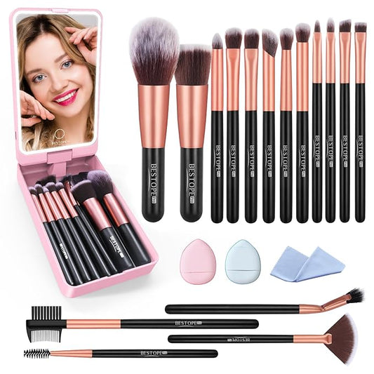 Makeup Brushes with Case, 20PCs Travel Makeup Brush Set, Foundation Concealer Blush Eyeshadow Brush Set Contour Powder Eyebrow Eyelash Brush Kit with Led Light Mirror Holder & 2 Powder Puff-Rose Gold