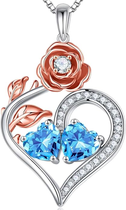 Iefil Rose Heart Birthstone Necklaces for Women - 925 Sterling Silver Double Birthstone Necklace, Anniversary Birthday Gifts for Women, Jewelry Gifts for Wife Her