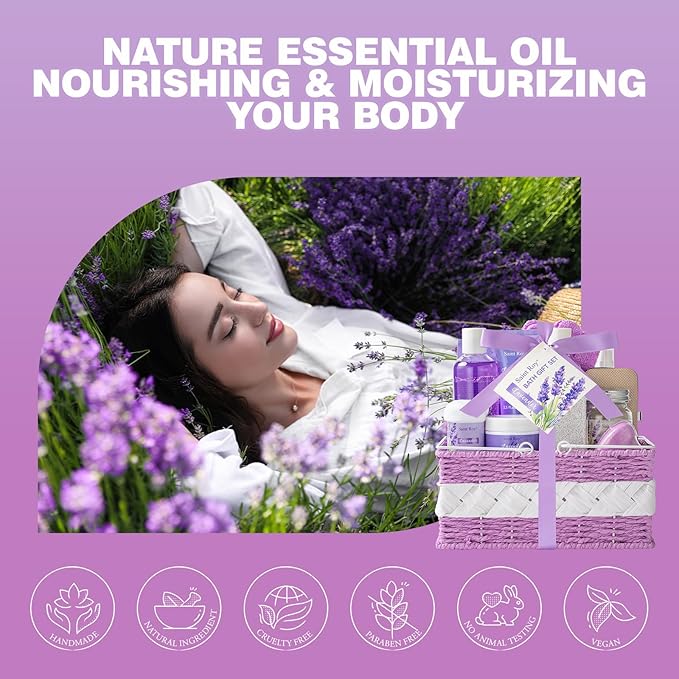 Mother's Day Gift for Mom Spa Gift Baskets for Women Bath lavender gifts spa gift set Basket For Women & Men, Luxury Self Care Home Spa Kit Lavender Bath Gift Basket 20Pcs Bath Gift Set