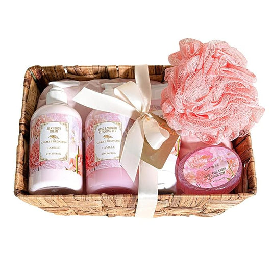 Camille Beckman Essentials Gift Basket, Camille, Glycerine Hand Therapy 6 oz, Silky Body Cream 13 oz, Hand and Shower Cleansing Gel 13 oz, Glycerine Soap 3.5 oz, Bath Body Net, and Gift Basket
