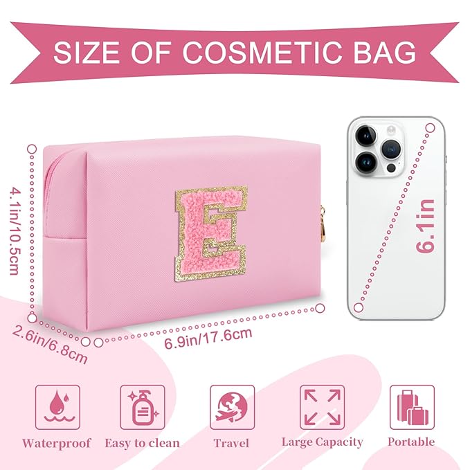 Personalized Initial A-Z Preppy Patch Makeup Bag,Small PU Leather Chenille Letter Cosmetic Bag with Zipper for Teen Girls,Pink Cute Travel Toiletry Bag,Birthday Monogrammed Gift for Daughter,Letter E