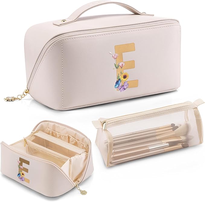 Vlando Graduation Gifts,Teacher Appreciation Gifts,Initial Makeup Bag with Zipper,Personalized Bridesmaid Gifts Valentines Day Gifts for Her Preppy Travel Stuff for Girls (Letter E)