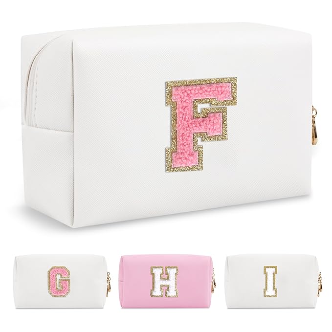 Personalized Makeup Bag Initial A-Z Preppy Patch Bag,Small PU Leather Travel Cosmetic Bag Pouch with Zipper,White Cute Toiletry Bag,Gift Ideal for Teen Girls Women Birthday Friend Mom,Letter F