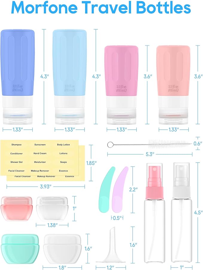 Morfone 16 Pack Travel Bottles Set for Toiletries, TSA Approved Travel Containers Leak Proof Silicone Squeezable Travel Accessories 2oz 3oz for Shampoo Conditioner Lotion Body Wash (BPA Free)