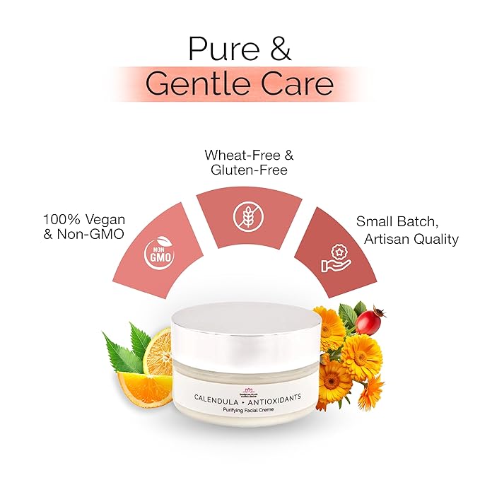 Calendula + Antioxidants Facial Crème – Natural Moisturizer with Vitamin C, Blueberry, Cranberry & Neem – Lightweight, Non-Comedogenic, Vegan – 2 oz