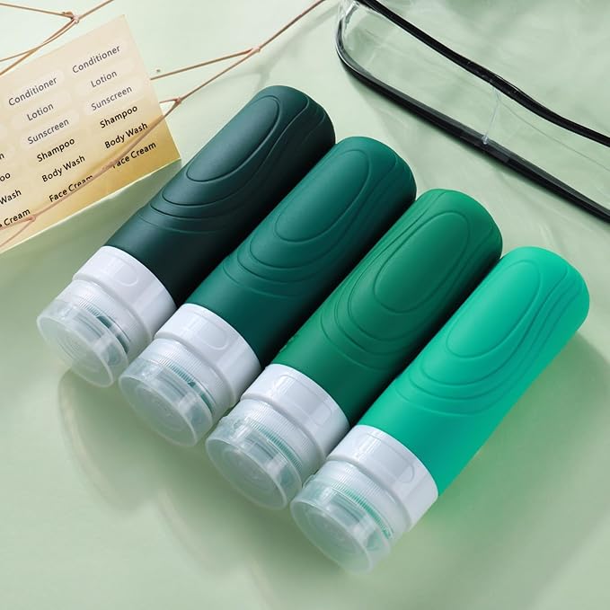 GLAMFIELDS Travel Bottles for Toiletries, 3oz Size TSA Approved Leak Proof Silicone Containers for Shampoo, Conditioner,Easy to Squeeze and Portable, Essentials for Traveling (4 Pack) Green