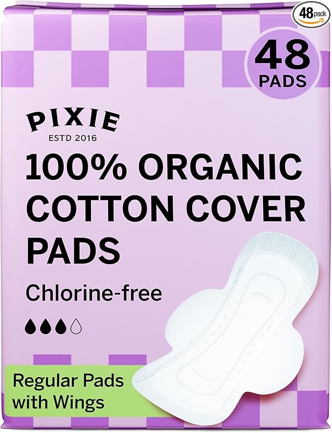 Pixie Organic Cotton Pads for Women - Ultra Thin with Wings, Leak-Proof & Moisture-Wicking - Compostable, Unscented Menstrual Pads - Regular Absorbency - 48 Count
