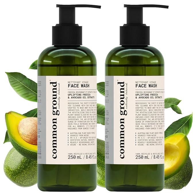COMMON GROUND All Natural Face Cleanser Wash, Paraben & Cruelty Free, Normal, Oily, Dry, Sensitive, Organic, Vegan, Plant-Based, pH 5.5, Avocado Oil, Men, Women, 8.4 Fl Oz (2 Pack)