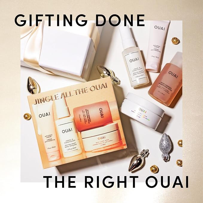 OUAI Gift Set - Travel Size Hair & Body Care Set - Includes Detox Shampoo, Deluxe Anti Frizz Cream, Leave In Conditioner, Scalp & Body Scrub (4 Count)