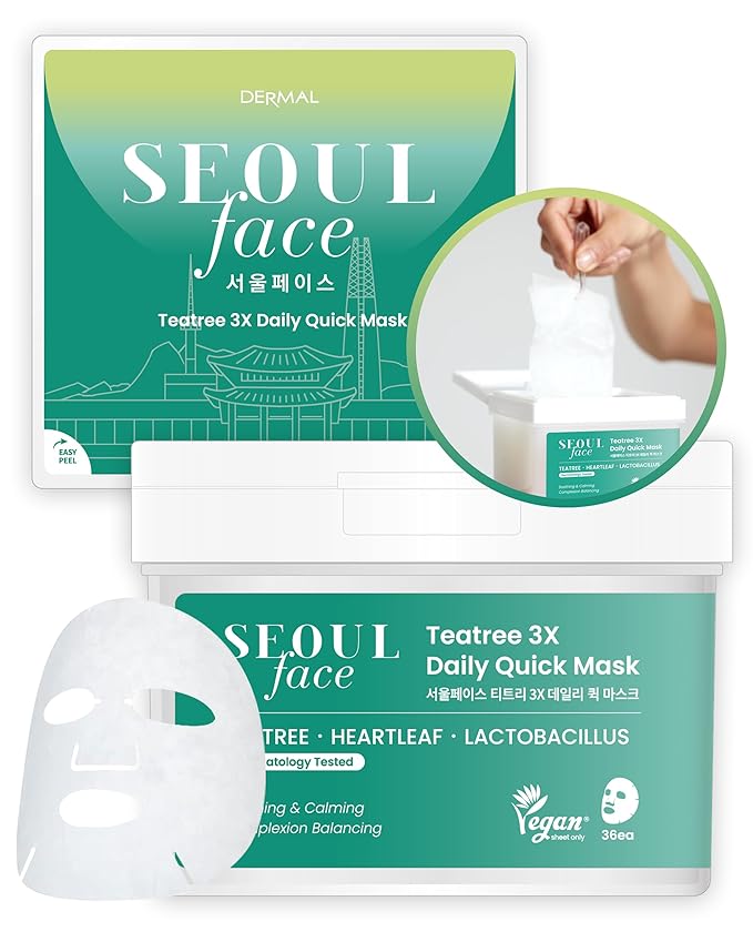 DERMAL Seoul Face Teatree 3X Daily Quick Mask 36 Sheet – Korean Skincare Vegan Tencel Facial Masks - Calming, Soothing, Blemish Control Face Mask Sheets with Heartleaf Extract, Lactobacillus