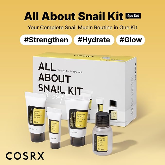 COSRX All About Snail Mucin Korean Skin Care Set, Mini Travel Essentials, Travel Size Gift Set with Snail Mucin Face Wash, Serum, Moisturizer & Eye Cream, Rejuvenating Kit