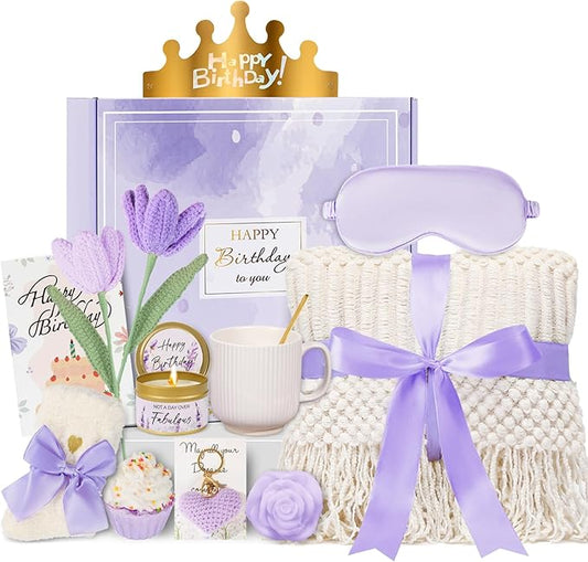 Birthday Gifts for Women - 13PCS Unique Happy Birthday Gifts Basket for Mom Her Best Friend Sister Wife Girlfriend Coworker - Relaxing Spa Self Care Package Get Well Soon Gifts Set (Lavender)