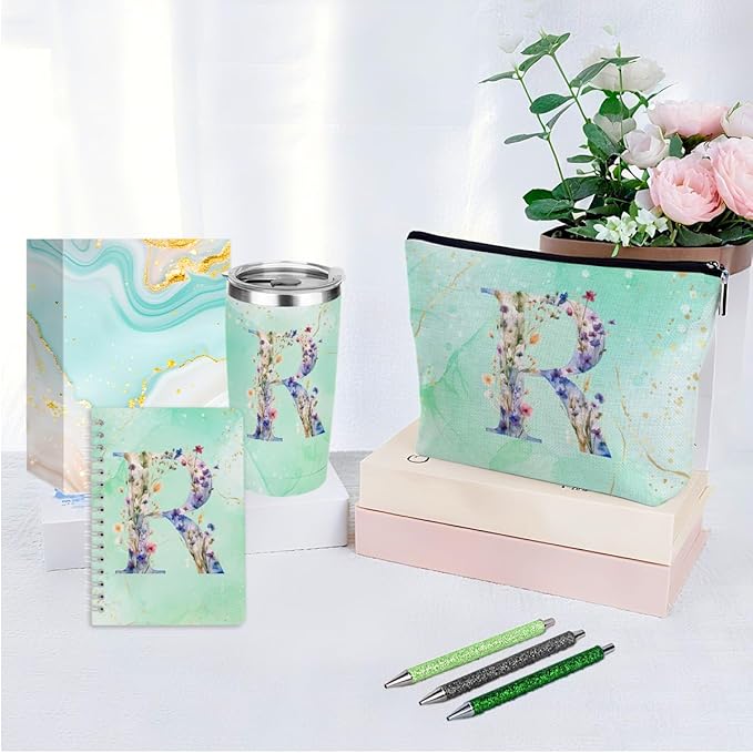 Personalized Gifts Monogrammed Birthday Gifts for Women, New Mom, Grandma Thank You Christmas, Initial 20 oz Tumbler, Makeup Cosmetic Bag Cup Pens Journal Notebook 6 Set, (Aesthetic Green Flower R)