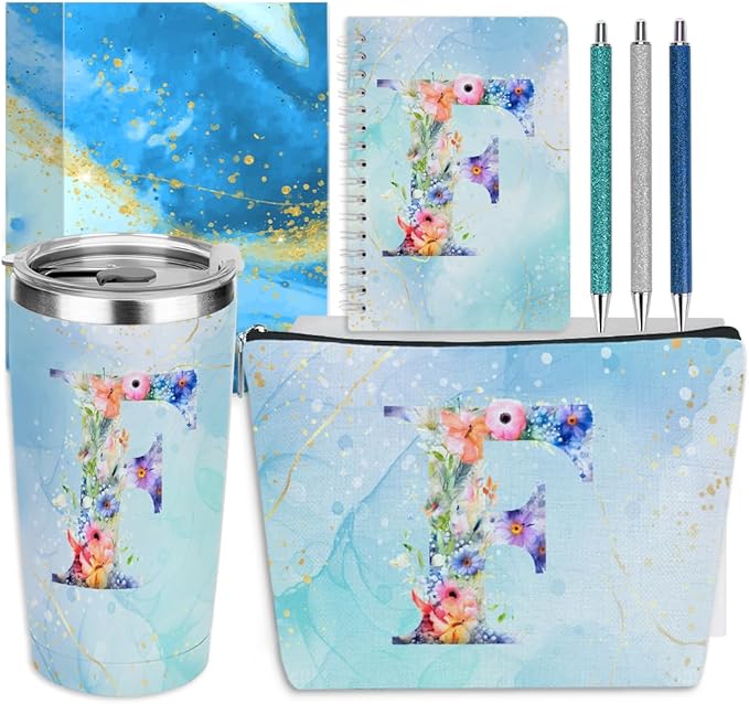 Personalized Gifts Monogrammed Birthday Gifts for Women, Aunt Grandma Retirement Christmas Initial 20 oz Tumbler, Makeup Bag Cup Ballpoint Pens Journal Notebook 6 Set, (Aesthetic Blue Flower F)