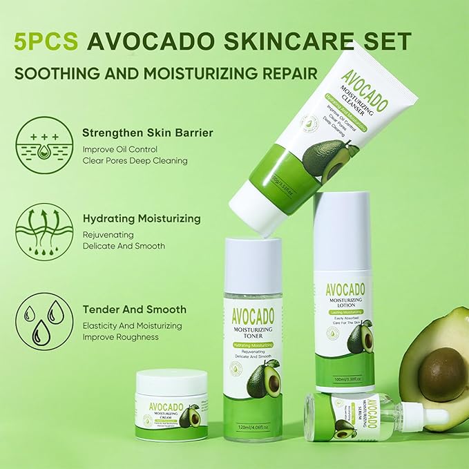 5PCS Avocado Skincare Set for Women, Facial Care Kit with Cleanser, Toner, Serum, Lotion & Cream – Moisturizing & Nourishing Skin Care Gifts for Teens & Women, Daily Hydrating Facial Set