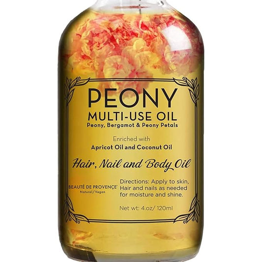 BEAUTE DE PROVENCE Peony Multi-Use Oil for Face, Body and Hair - Organic Blend of Apricot, Vitamin E Sweet Almond Oil for Dry Skin, Rose Petals & Bergamot Essential Oil - 4 Fl Oz