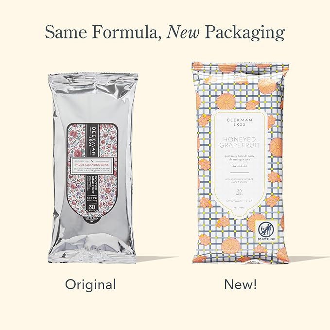 Beekman 1802 Face & Body Wipes, Honeyed Grapefruit - Scented - 30 Count - Cleanses - With Goat Milk, Aloe & Vitamin E - Alcohol Free, Biodegradable - Packaging May Vary