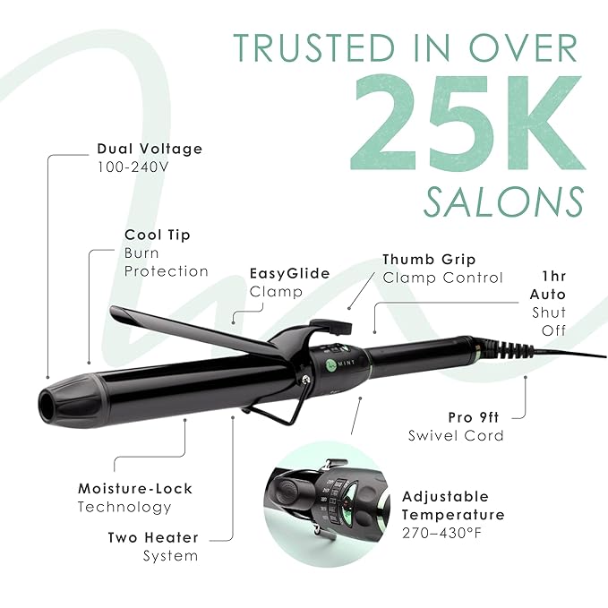 MINT Professional Extra Long Hair Curling Iron 1 1/4 inch | 2-Heater Ceramic Barrel That Stays Hot | 1.25 Inch Hair Iron Curler for Medium to Large Curls | Travel-Ready International Dual Voltage