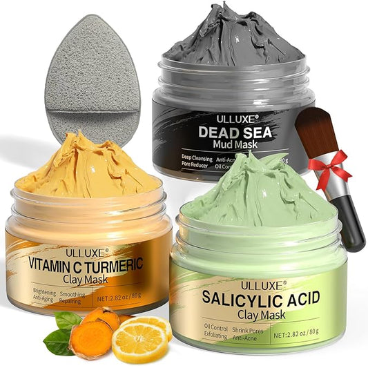 Facial Clay Mask Set - Vitamin C Turmeric Face Mask, Dead Sea Mud & Salicylic Acid (BHA) Mask for Pores Cleansing, Blackheads, Dark Spots, Brightening, Face Masks Skincare Gift for Women, 2.82 oz each