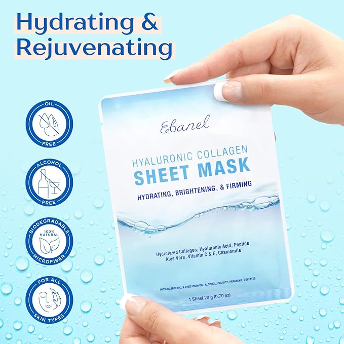 Ebanel 15 Pack Collagen Face Mask with Hyaluronic Acid, Vitamin C, Peptide, Aloe, Instant Brightening Hydrating Face Masks Skincare Korean Sheet Mask, Skin Firming, Lifting Anti Aging Facial Masks