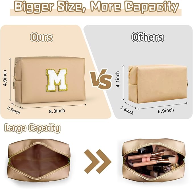 TOPEAST Preppy Small Makeup Bag, Chenille Letter Pouch Cosmetic Bag With Zipper, PU Leather Waterproof Toiletry Bag, Personalized Birthday Gift for Women, Cute Stuff for Girls (Khaki D)