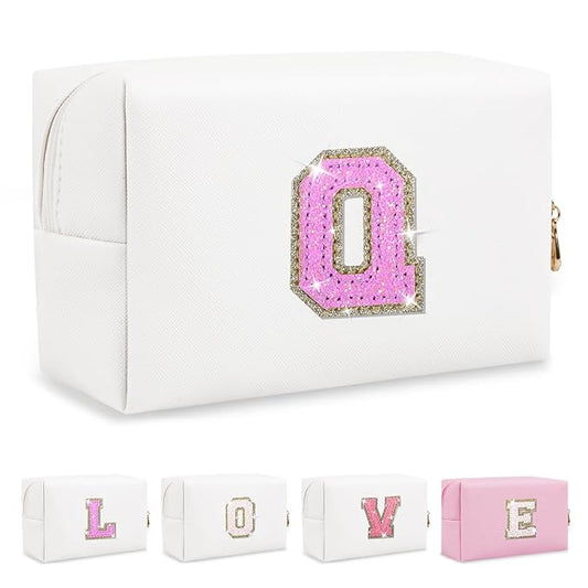 Small Initial Patch Makeup Bag Personalized Gifts Make Up Bag,White Cute PU Leather Glitter Letter Cosmetic Bag with Zipper,Trendy Portable Travel Toiletry Pouch,Preppy Stuff for Teen Girls Women Q