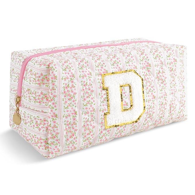Personalized Quilted Cosmetic Bag, Puffy Monogrammed Christmas Birthday Gifts for Women & Girls, Cute initial Floral Makeup Bag Puffer Coquette Bag, Aesthetic Travel Toiletry Zipper Pouch(Pink,D)