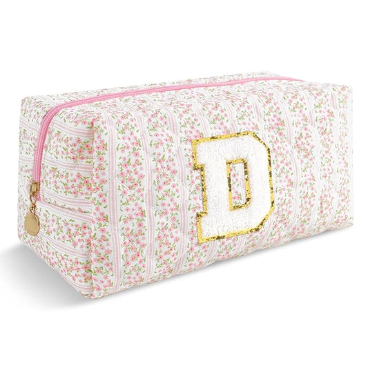 Personalized Quilted Cosmetic Bag, Puffy Monogrammed Christmas Birthday Gifts for Women & Girls, Cute initial Floral Makeup Bag Puffer Coquette Bag, Aesthetic Travel Toiletry Zipper Pouch(Pink,D)
