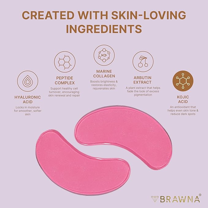 BRAWNA Hydrogel Undereye Mask Patch with Arbutin, Kojic Acid, Callogen, Peptides, Hyaluronic Acid - for Dark Circles, Puffy Eyes, Undereye Bags, Wrinkles - 24 Pairs - Rose