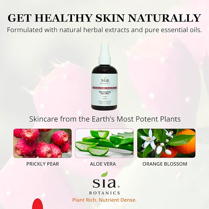 Sia Botanics Rejuvenating Face Toner Mist (118ml/4oz Bottle) | Facial Treatment w/Prickly Pear, Aloe Vera, Orange Blossom | Natural, Clean, Botanical Skincare for Women