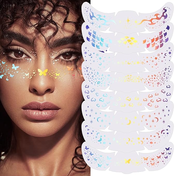 8 Pcs Holographic Multicolor Glitter Freckles Face Tattoo, Glow Up Cosmetic Glitter for Face, Sparkle Makeup Patches, Waterproof Face Speckles for Christmas (8PcsG Holographic Multicolor)