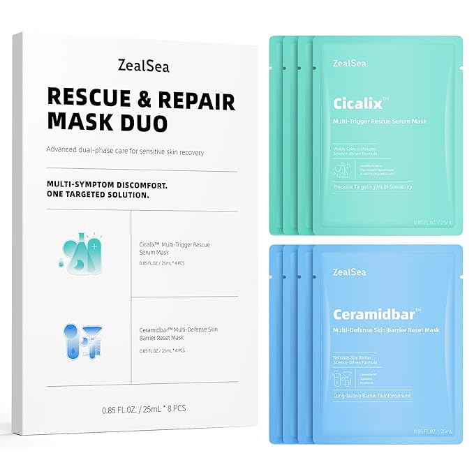 ZealSea Cicalix & Ceramidbar Face Masks Skincare Set, Derm Solution Sheet Mask for Multi-Trigger Sensitivity, Soothing & Calming, Strengthen & Restore Skin, Facial Mask with Cica & Ceramide, 8 Pack