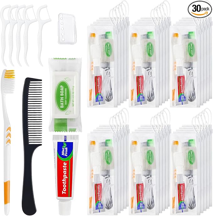 Personal Care Travel Toiletries Sets Bulk - Pack of 30,Disposable Toothbrushes with Toothpaste and Floss,Comb,Soap,Cover,Zip Bag 7-IN-1 Travel Size Toiletry Kit for Hotel,Guest,Homeless,Charity,Church