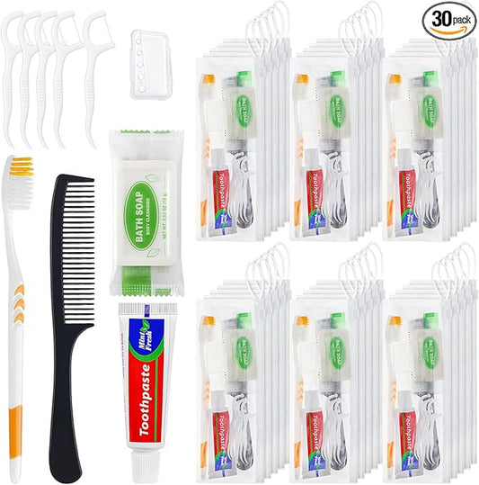 Personal Care Travel Toiletries Sets Bulk - Pack of 30,Disposable Toothbrushes with Toothpaste and Floss,Comb,Soap,Cover,Zip Bag 7-IN-1 Travel Size Toiletry Kit for Hotel,Guest,Homeless,Charity,Church