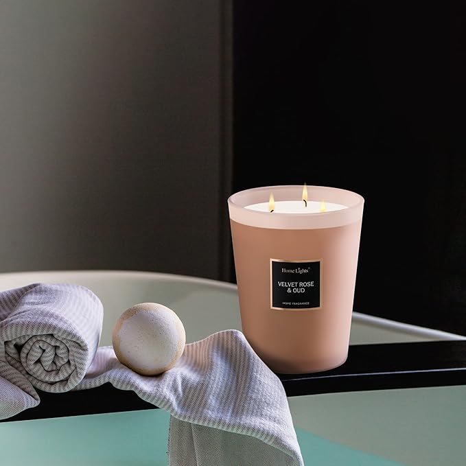 HomeLights Scented Candles | Large Jar Candle-33.3 Oz. Natural Soy Aromatherapy Candles | Up to 130 Hours Burn Time with 3 Cotton Wicks, Home Decorative Fragrance Candles Gift - Velvet Rose Oud