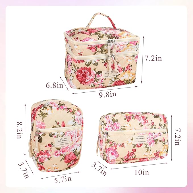 Anfly Makeup Bag, Quilted Cosmetic Bags, Large Floral Make Up Bag, Cute Makeup Bag 3PC Set for Women Girls (Large Flowers)