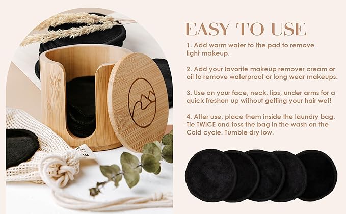 EIRA's Washable Makeup Remover Pads - Black Bamboo Reusable Cotton Rounds with Wooden Holder. Makeup Remover Cloths - Eco-Friendly - Zero Waste Reusable Makeup Remover Pads Set