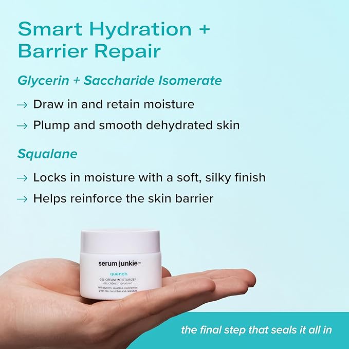 QUENCH Lightweight Gel Cream Moisturizer with Glycerin, Niacinamide, Squalane, Green Tea, Cucumber, Calendula, Hydrating Barrier Support for Sensitive Skin, 1.7 fl oz