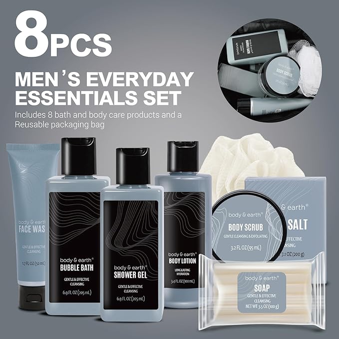 Body & Earth Gift Baskets For Men 8Pcs Full Size Toiletries Travel Bag With Leathers Scent Birthday Christmas Gifts From Wife Daughter Son For Husband Dad