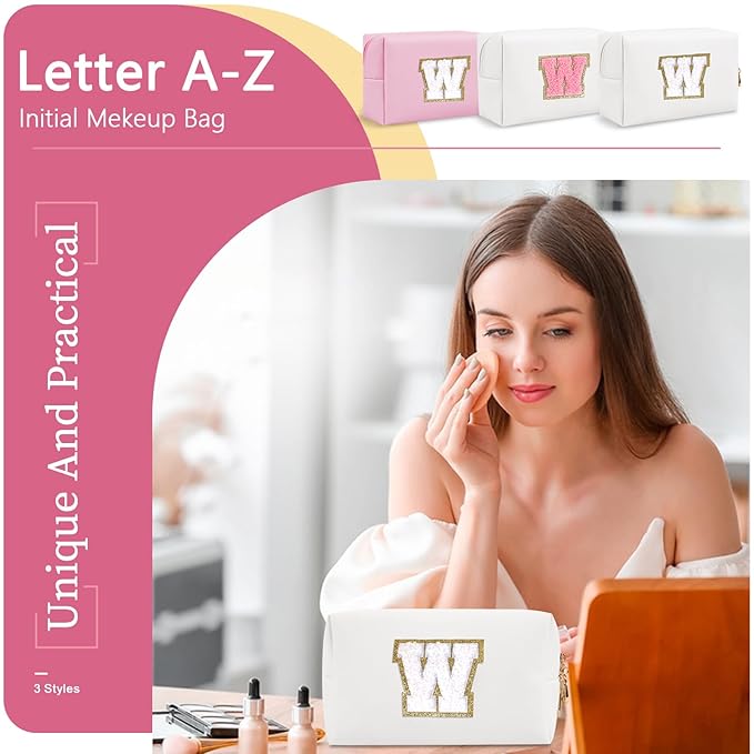 Small Personalized Initial A-Z Preppy Patch Makeup Bag,White PU Chenille Letter Travel Cosmetic Pouch with Zipper,Cute Toiletry Bag,Gift Ideal for Teen Girls Women Teacher Bridesmaid,Letter W