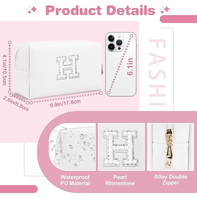 Bride Gifts – Personalized Initial Makeup Bag with Pearl Rhinestone Patch, Preppy White Monogram Cosmetic/Toiletry Pouch, bridesmaid Gifts, Bridal Shower Gifts, Wedding Gifts, Bridal Gifts,H