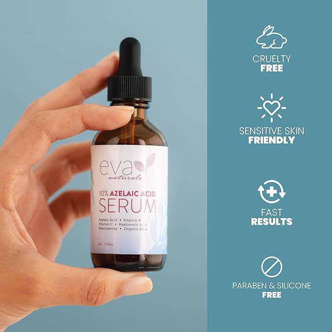 Eva Naturals Azelaic Acid Serum for Face – Niacinamide, Hyaluronic Acid, Vitamins A+C+E – Redness Relief, Dark Spots, Uneven Skin Tone, Texture, Pores, Topical Booster for Clearer Skin, 2oz 2 Pack