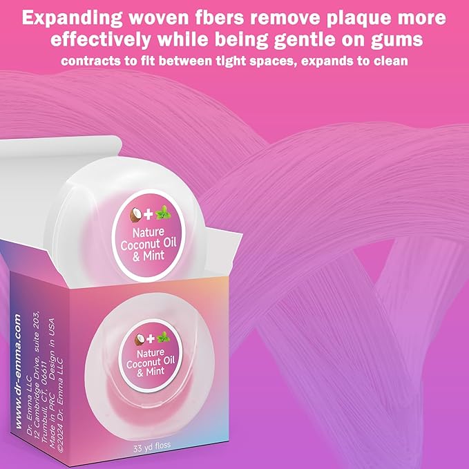 Dr. Emma Woven Dental Floss Coconut Oil Infused Expanding Dental Floss, Oral Care Stretchable Floss, Mint 33yd Pink, Pack of 2